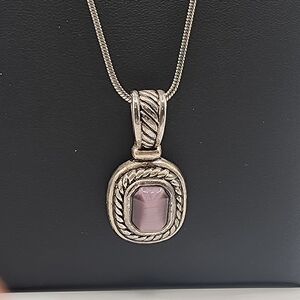 Purple Tiger Eye Style Pendant Necklace Silver Tone Rope Frame Boho Cat Eye